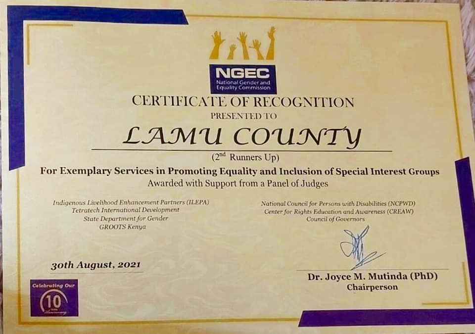 LAMU COUNTY GOVERNMENT SHINES AMONGST EQUALITY CHAMPIONS AT USAWA AWARDS